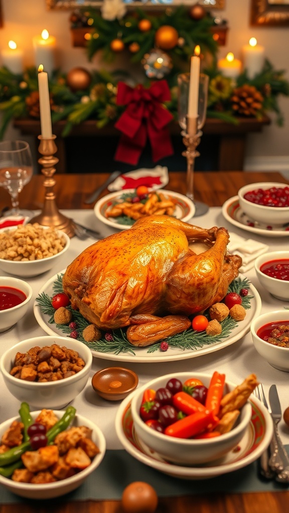 A festive Christmas dinner table with roast turkey, stuffing, cranberry sauce, and roasted vegetables.